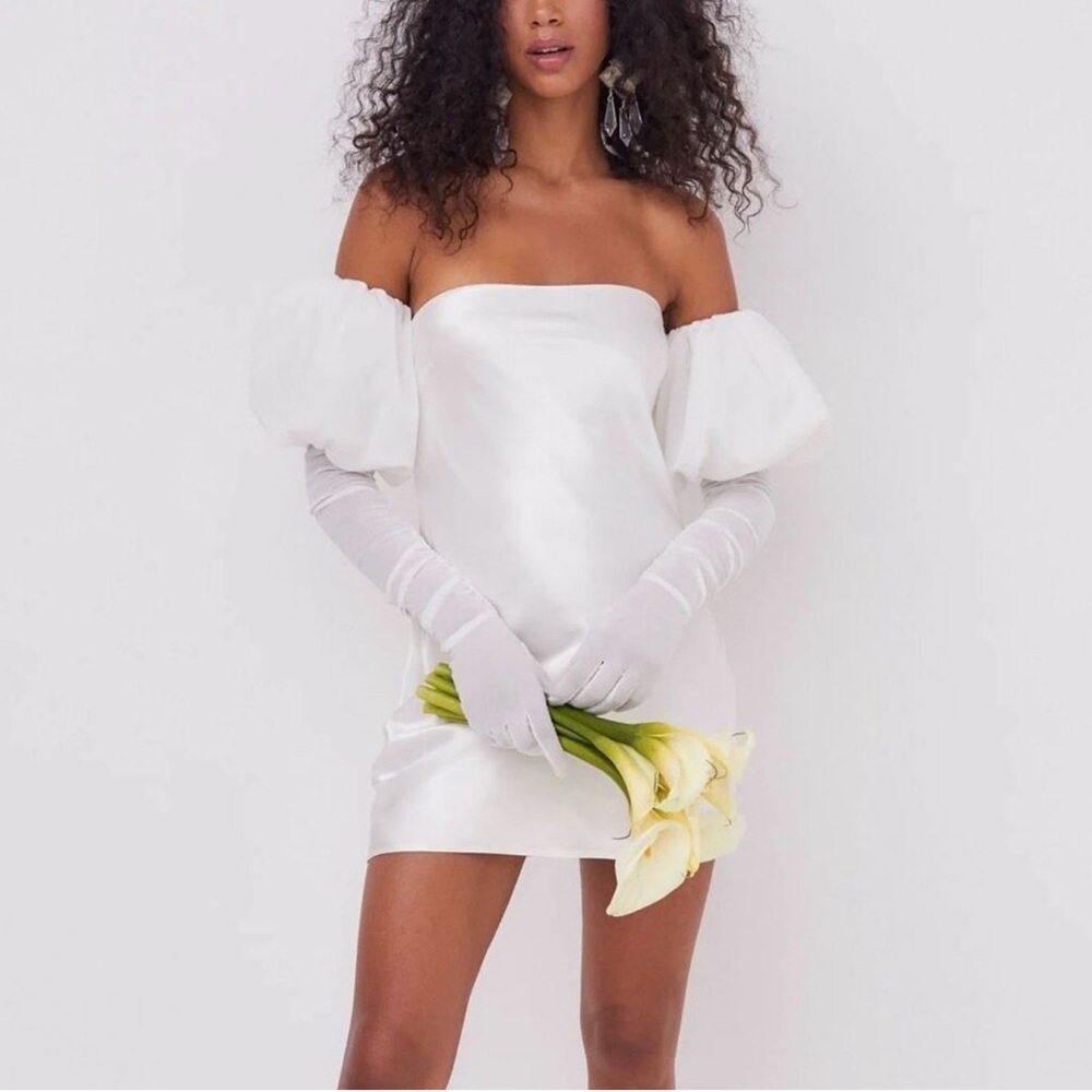 For Love & Lemons White Puff Sleeve Mini Dress Back Tie Satin Bridal Medium‎ NWT